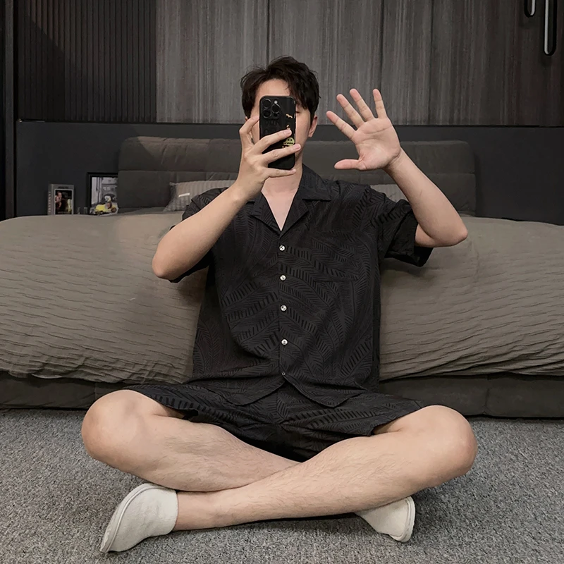 稻花睡衣男士冰丝夏季短袖短裤薄款开衫高级感夏天家居服大码套装