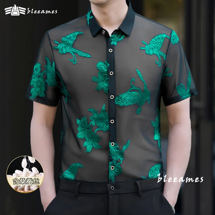 【含桑蚕丝】夏季新款时尚韩版衬衣男士休闲印花镂空薄款短袖衬衫潮