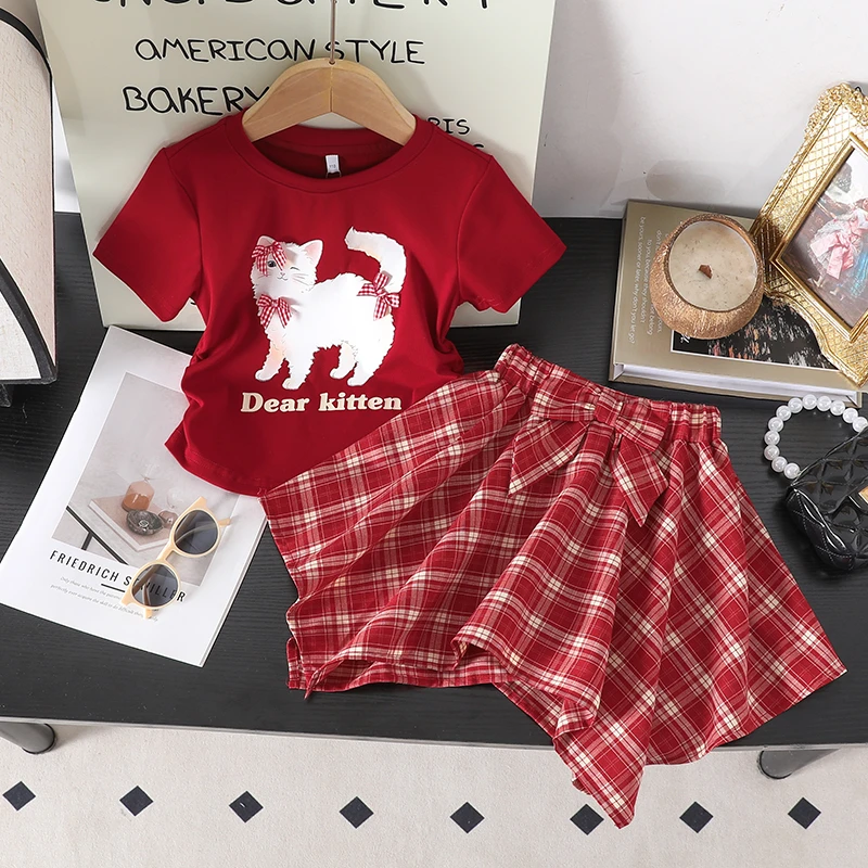 女童夏装红色短袖套装2025夏季新款中大童洋气卡通格子裙裤两件套