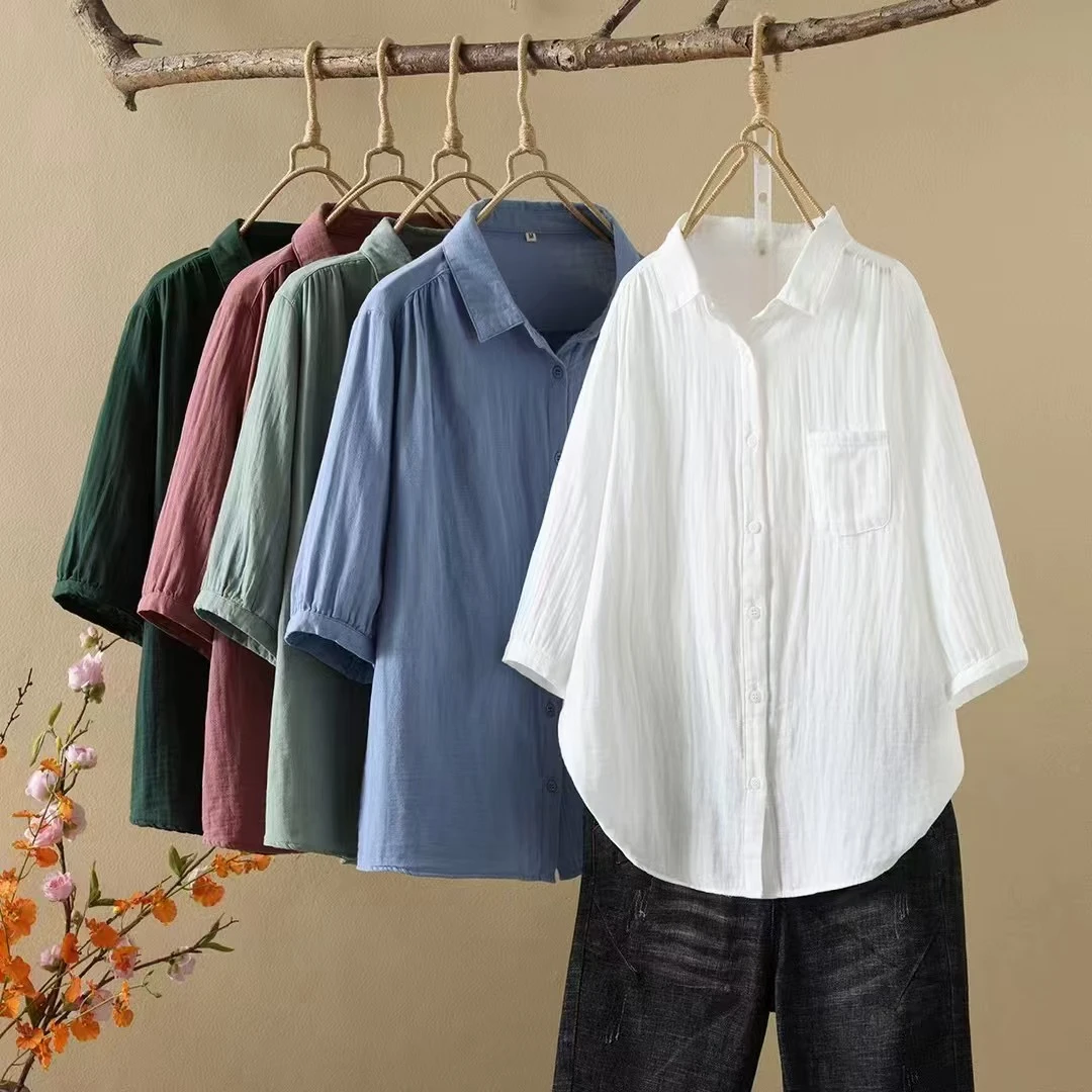 纯棉夏季成人常规纯色5分袖薄款上衣衬衫女装时尚森系中袖6530