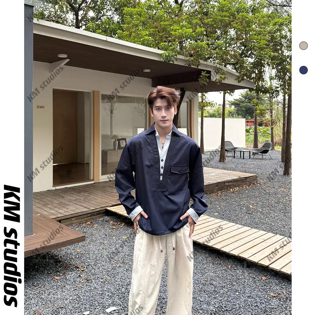 KM studios 25秋冬奢品假两件老钱大v领新贵长袖男女拼色T恤小众