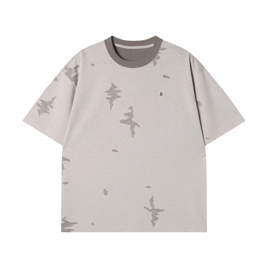 夏季新款高级感美式撞色磨破刺绣圆领短袖T恤复古百搭简约上衣