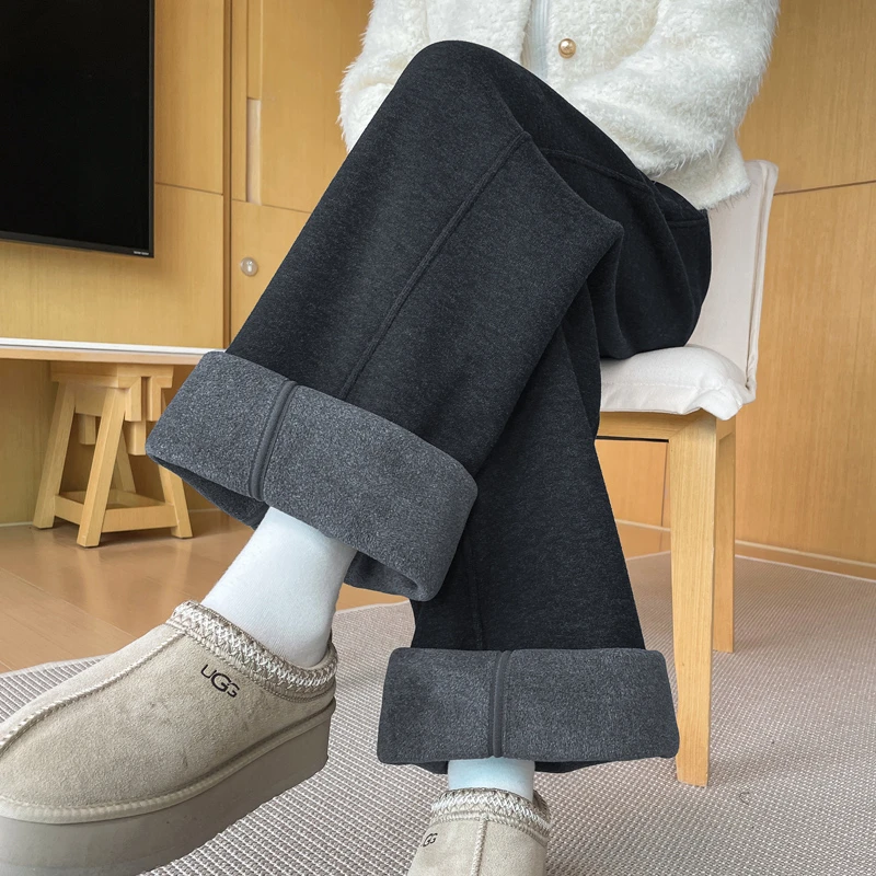 黑灰色香蕉弯刀毛呢阔腿裤女秋冬新款高腰垂感软糯加绒窄版直筒裤