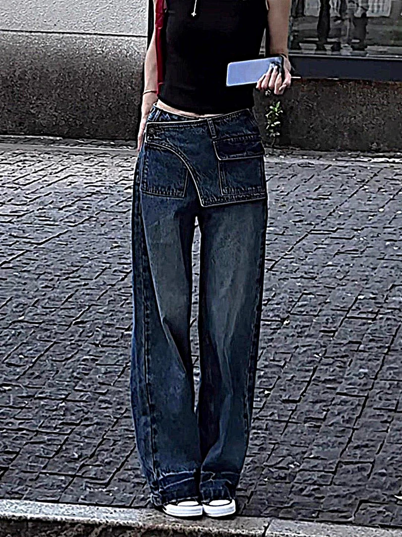 2025年夏季新款蓝色假两件牛仔裤女高腰宽松显瘦时尚百搭弯刀裤子