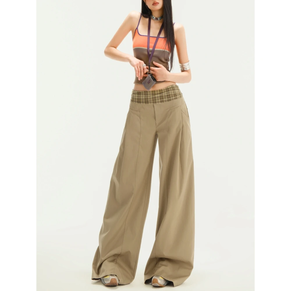 大码卡其色腰头拼接格纹休闲裤女高腰设计感慵懒宽松阔腿拖地裤子