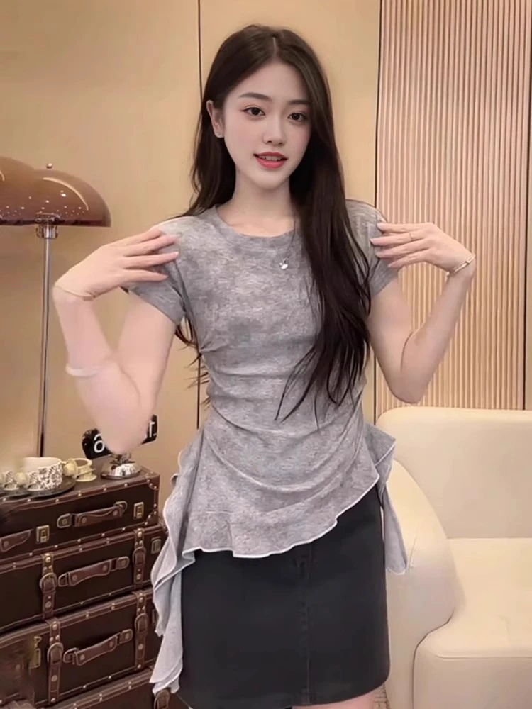 美式辣妹修身显瘦短袖T恤女夏新款设计感不规则独特别致显瘦上衣