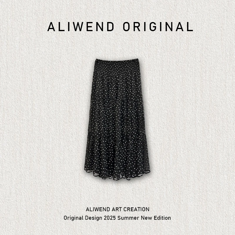 通勤波点奶油风黑色镂空圆点夏季时尚百搭半身裙-25883