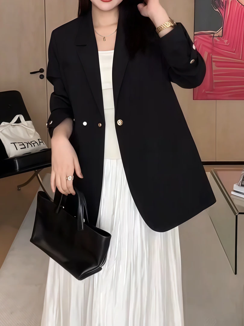 胖MM遮肉显瘦长袖西装2025春秋新款宽松型设计感复古极简风西服女