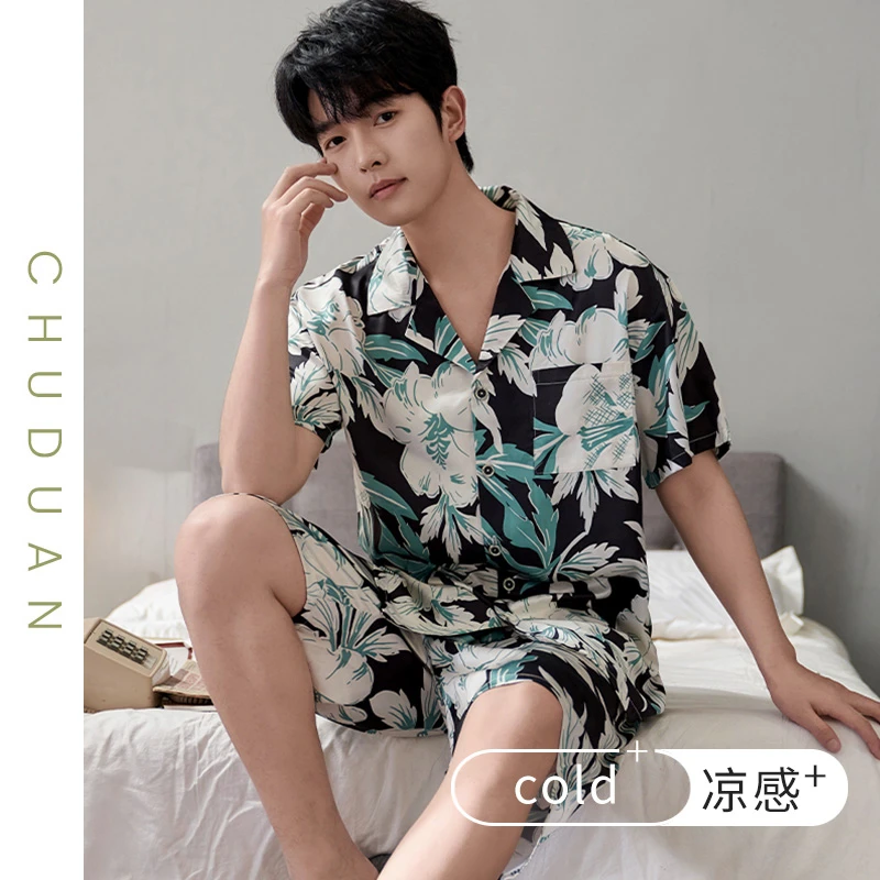 男士睡衣夏季短袖短裤冰丝薄款大码印花可外穿2025新款家居服套装