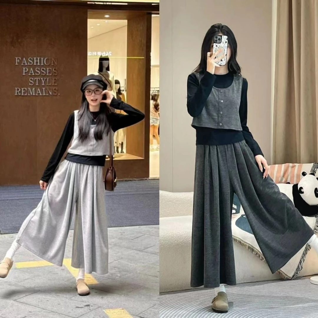 秋冬法系甜美韩版长袖阔腿裤裙三件套