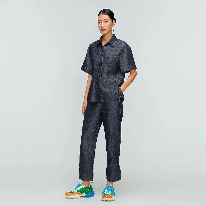 玛丝菲尔高端亚麻夏季新款设计感小众牛仔衬衫女A1AY20561