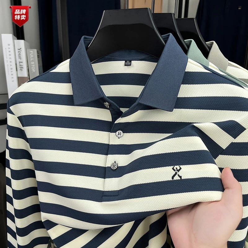 劲霸世家男士抗皱polo衫条纹秋季时尚商务休闲百搭翻领长袖t恤男