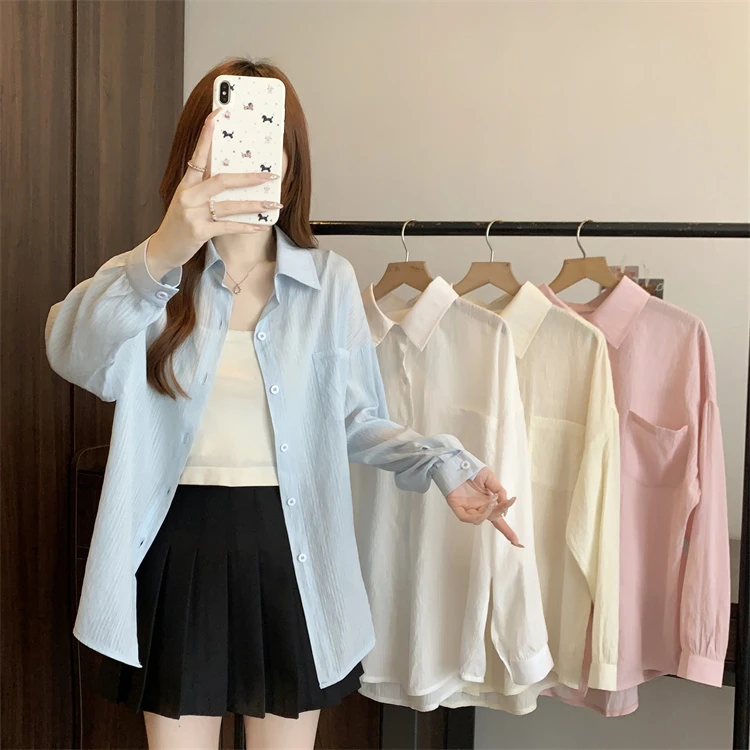 春游出行防晒大码蓝色长袖衬衫女外搭衬衣复古中长款上衣5211