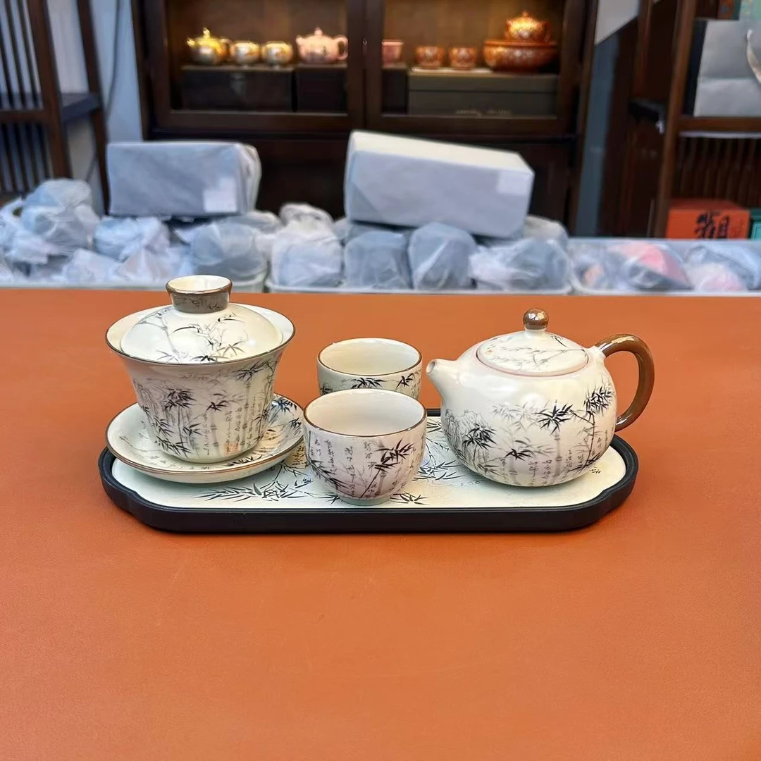 ZH1589-墨竹茶壶+盖碗+两客杯+茶盘
