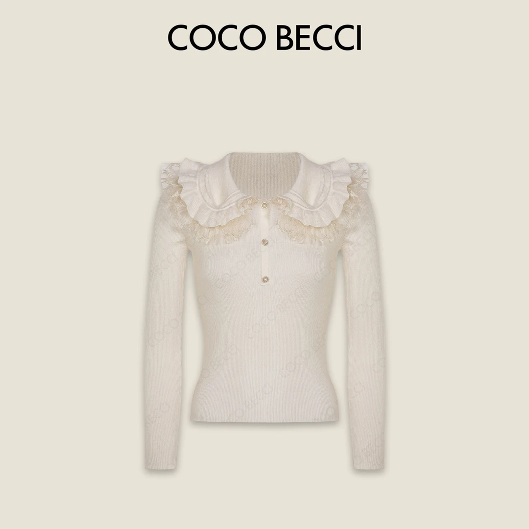 COCO BECCI【简爱日记】绵羊毛拼接蕾丝氛围感针织衫CFLJC331156
