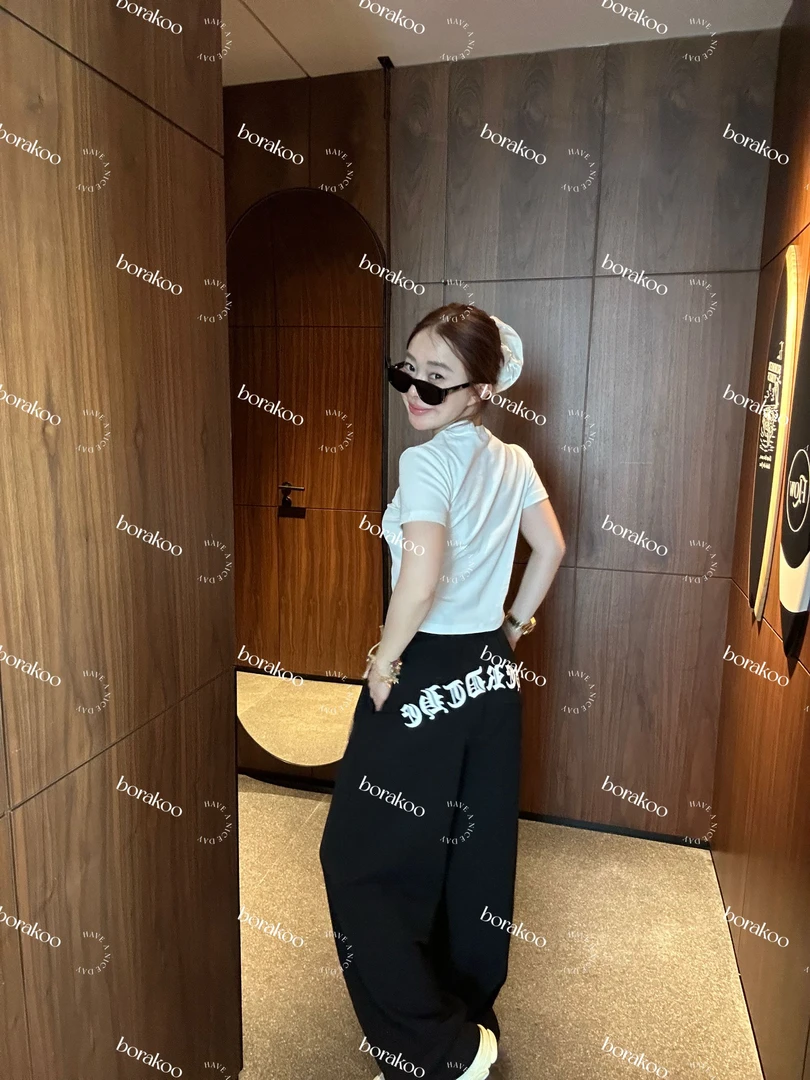 【BORAKOO】黑色梵文拼接松紧腰直筒休闲裤S