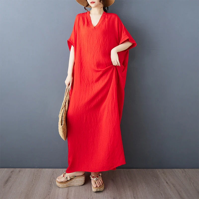 清仓捡漏夏季新款遮肉长款连衣裙女红色v领文艺旅游度假风沙滩裙