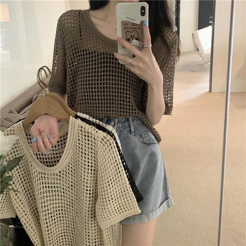 夏季2025年新款温柔风薄款短袖打底镂空罩衫外搭短款宽松显瘦
