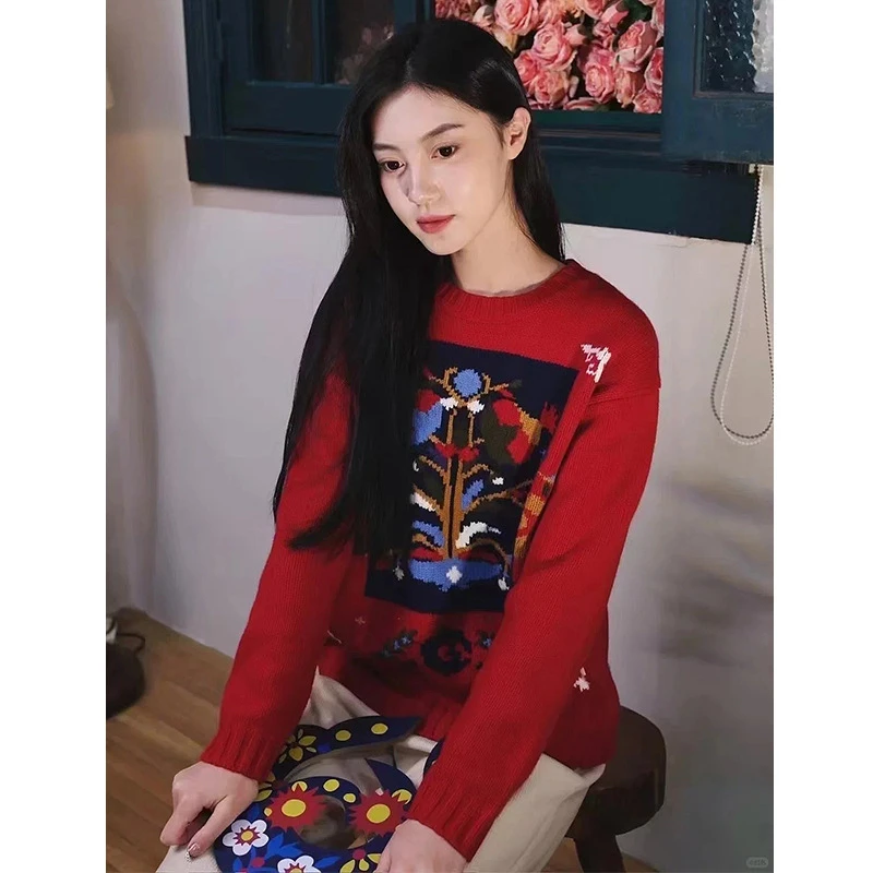 小禾家2024冬季【新年系列】提花合股套头毛衣红色红色时尚印花国潮