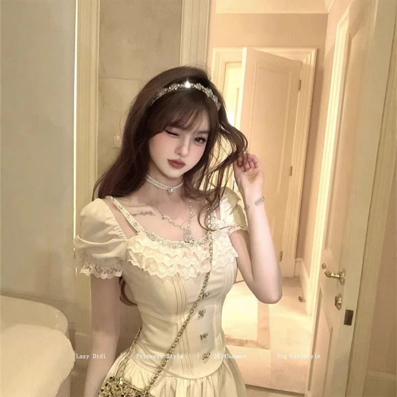 芭蕾风时尚套装女重工泡泡袖上衣2025夏季新款高腰显瘦甜美百褶裙