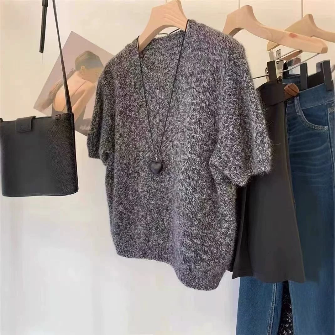 【专属】软糯套头短袖花纱复古圆领欧货时尚高级感上衣