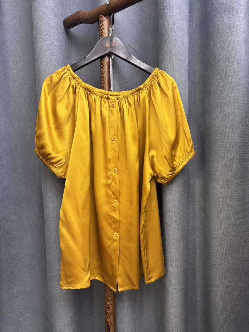 2025夏季新款时尚气质甜美桑蚕丝素绉缎一字肩上衣女H1358