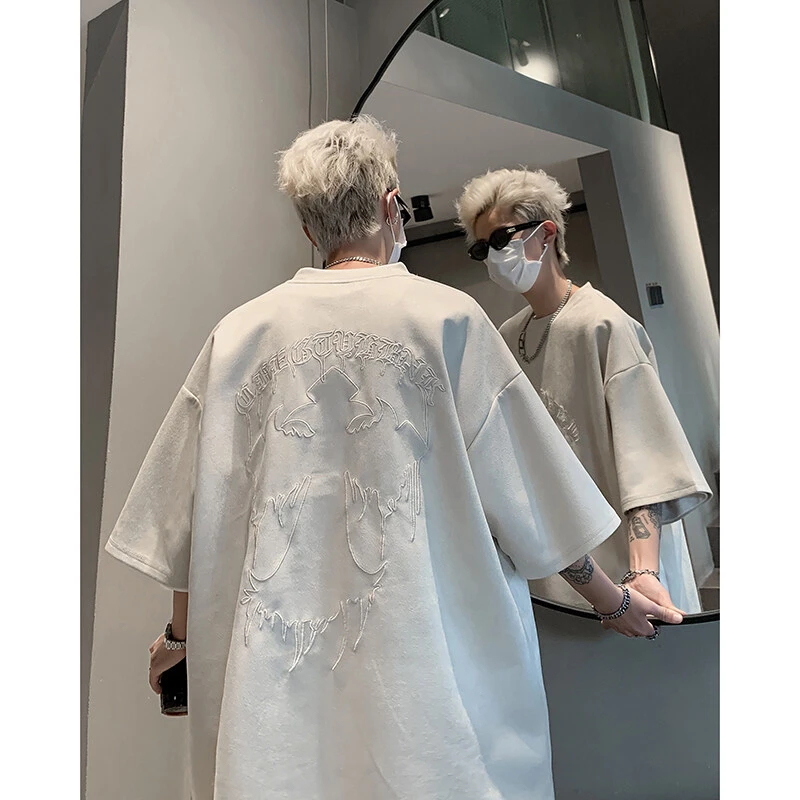 重工刺绣t恤男夏季仿麂皮美式高街重磅五分袖设计感小众潮流短袖