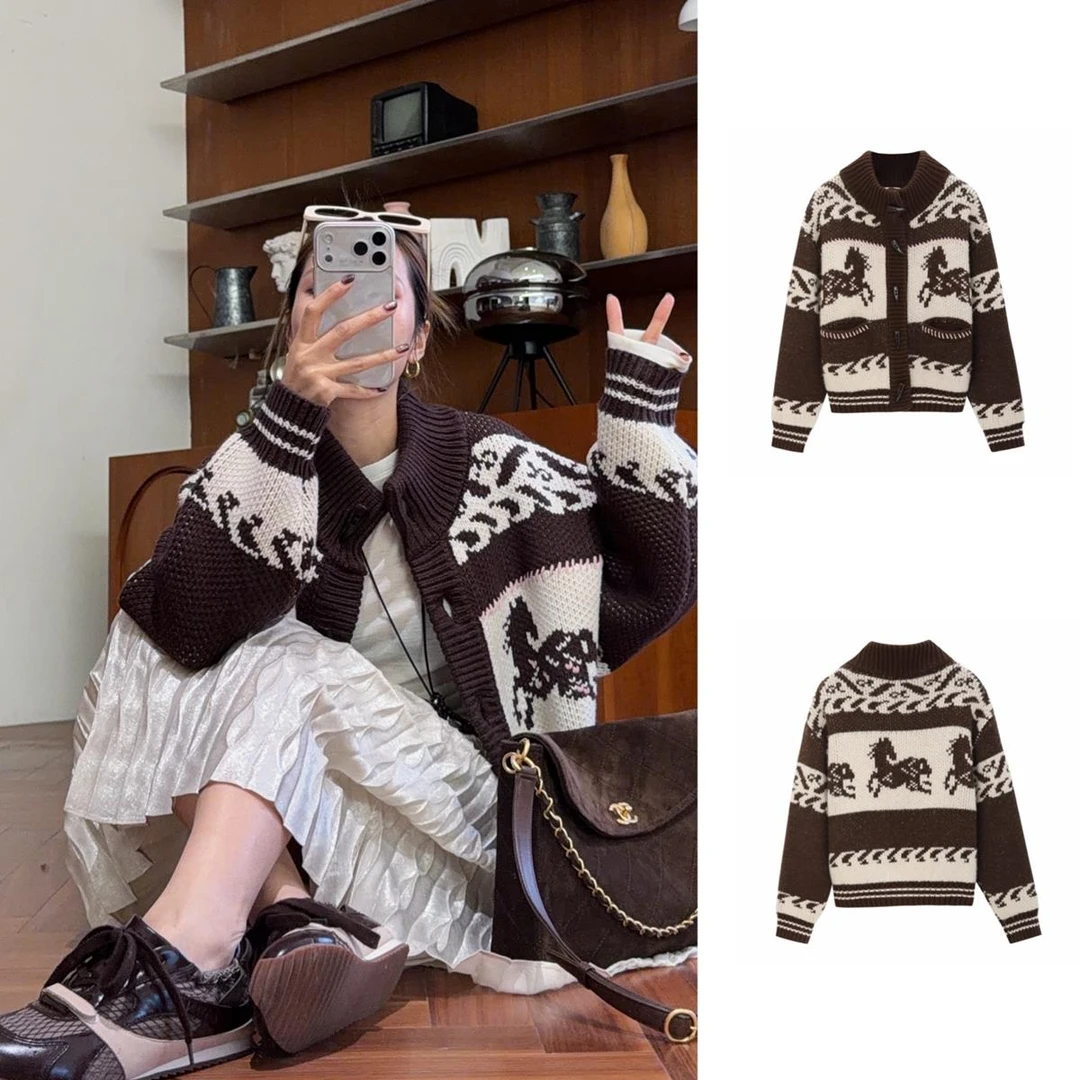 AVVENN2026春"竹马新年款"复古提花毛衣开衫女1990dopdop买手店