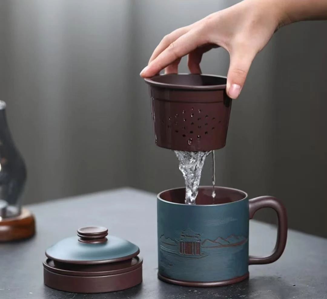宜兴西湖刻绘紫砂杯全手工盖杯茶杯
