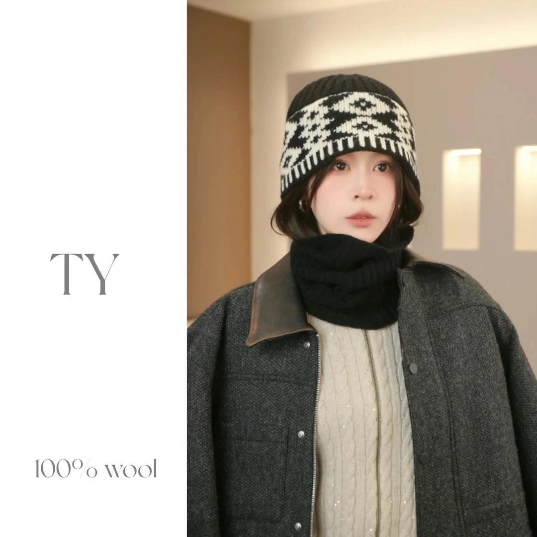 太一帽社 "100澳洲羊毛"设计师款拼色菱格显脸小包头针织帽时尚ol