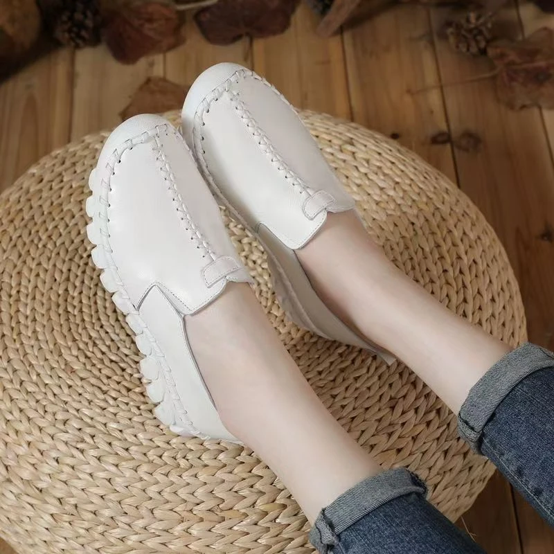 浅口春秋季时尚百搭休闲风防滑耐磨单鞋真皮软底常规中老年妈妈鞋