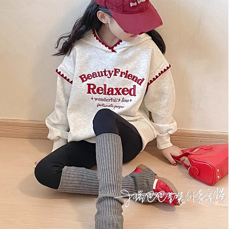 女童灰色连帽卫衣2025新款女孩冬装美式宽松上衣儿童洋气时髦长袖