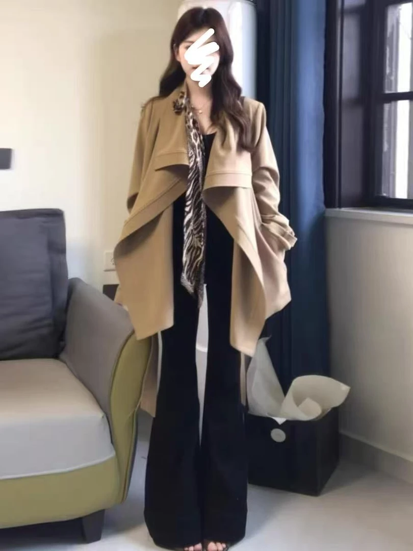 书书 韩系穿搭通勤风衣女秋季翻领气质收腰短款休闲大衣外套6616
