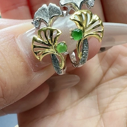 翡翠耳饰银S925镶嵌天然缅甸A货翡翠