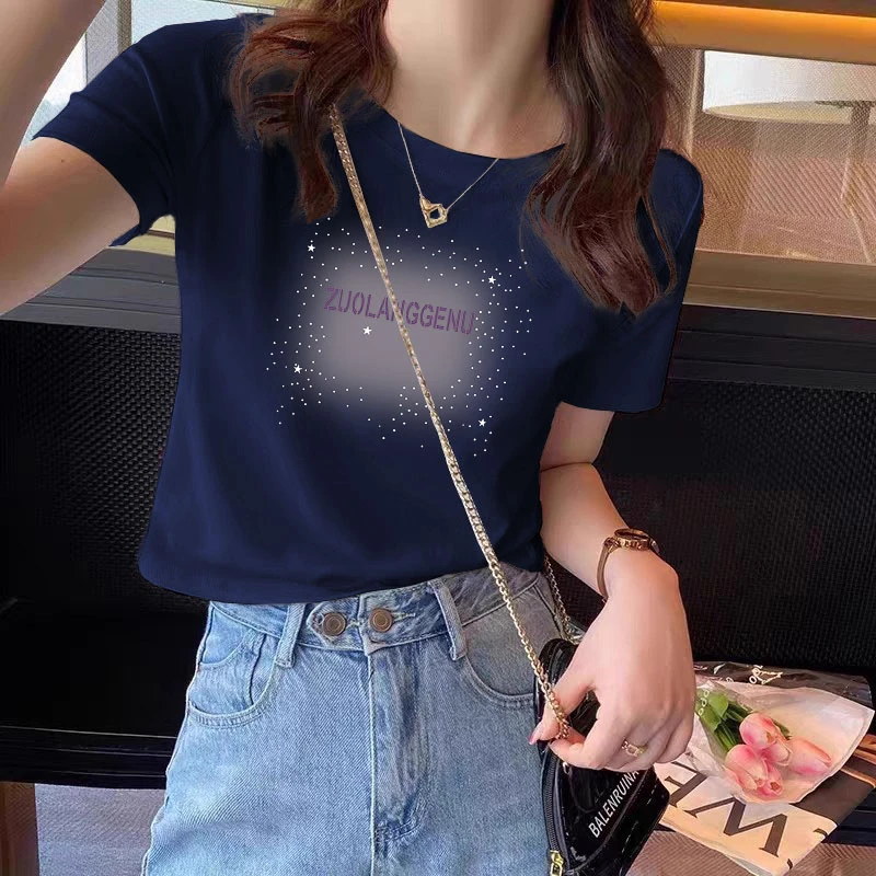 高腰圆领短款女士T恤衫夏季大码纯棉印花小个子设计时髦半袖上衣