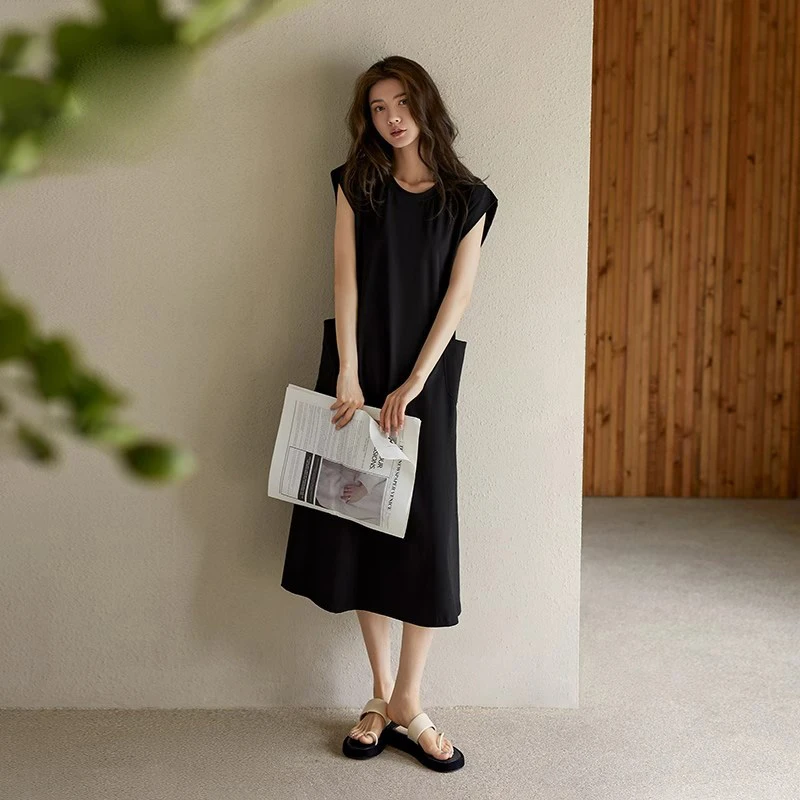 带胸垫一体睡裙女睡衣夏季莫代尔无袖背心夏款黑色可出门外穿