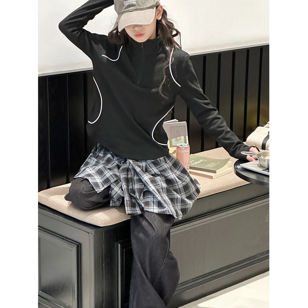 K29912拉链运动风女童长袖T恤2025秋冬新款儿童加厚薄绒上衣打底