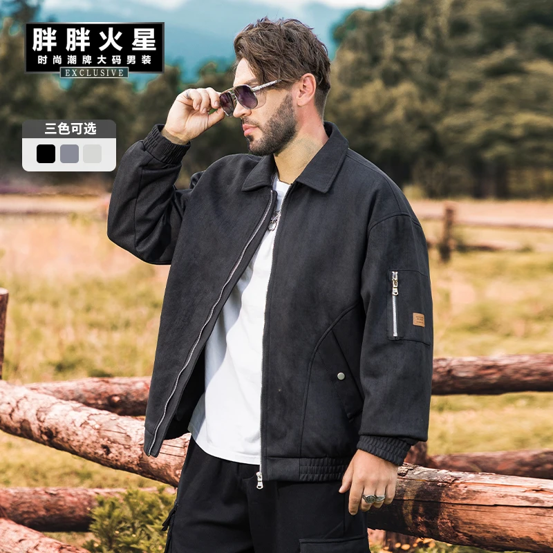 胖胖火星大码男装麂皮绒美式工装翻领夹克男秋季宽松复古休闲外套