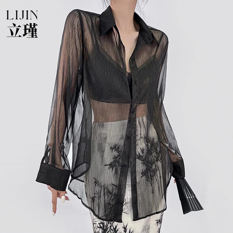 高级感黑色薄纱防晒衬衫女夏季法式独特漂亮透视珠光网纱外搭衬衣