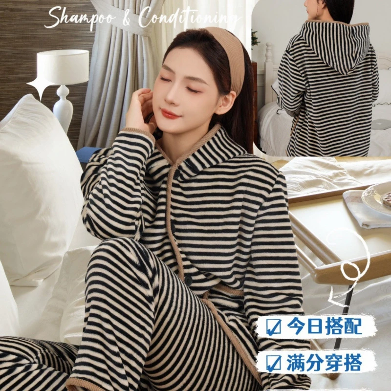 条纹珊瑚绒连帽睡衣冬季新款毛绒加厚可外穿家居服套装