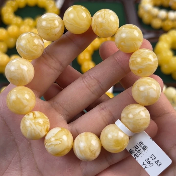 琥珀未镶嵌手链33.83g俄料同料圆珠16mm yy