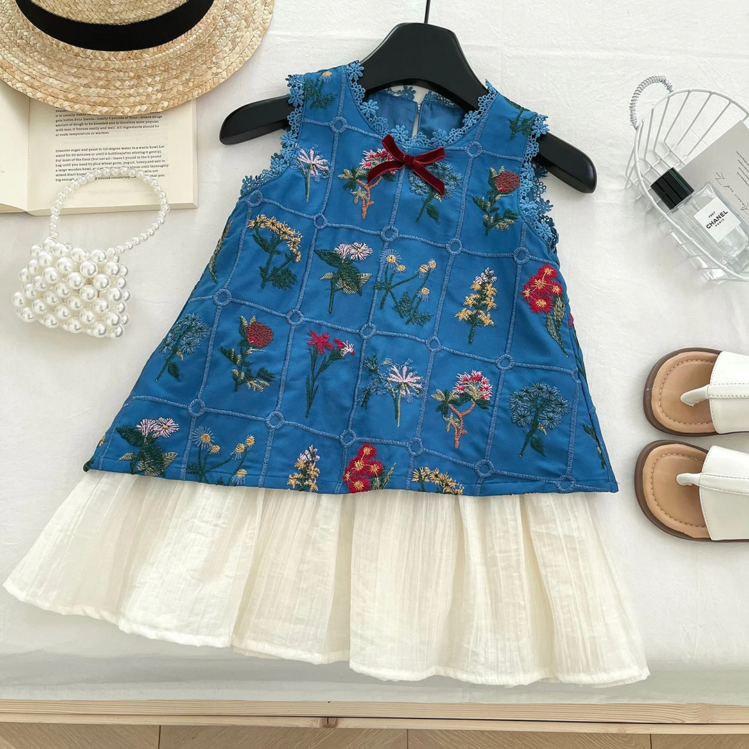 夏季洋气新款拼接重工刺绣女童裙子拼接连衣裙S17252