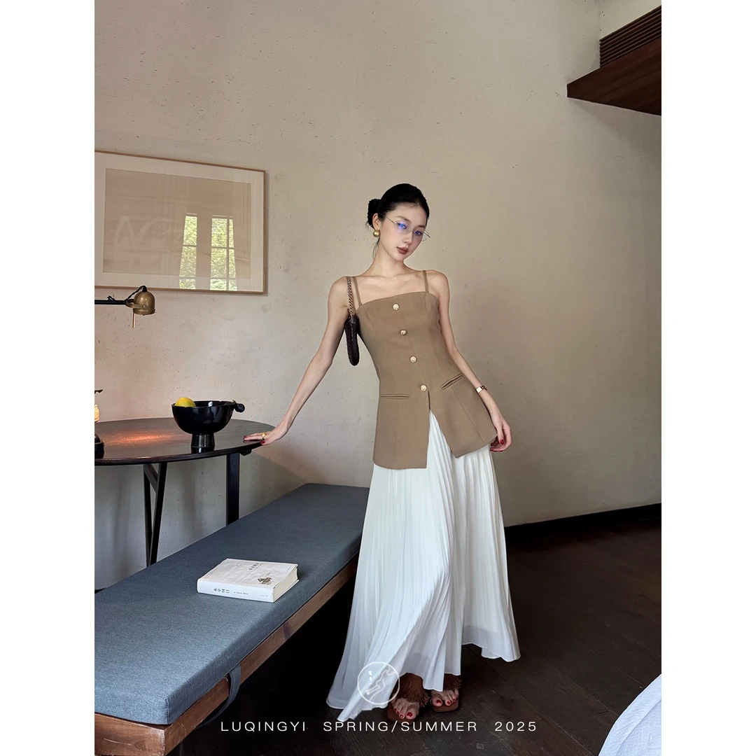 鹭青一原创【梦黎】简约开衩设计修身吊带背心抹胸L25B3270K