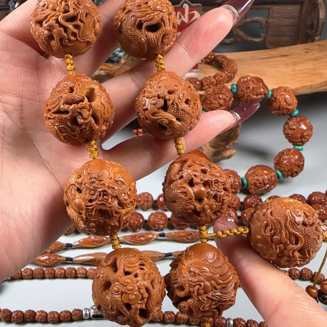 橄榄核手串/手链宽2.7鸡血红梅林核镂空九龙戏珠