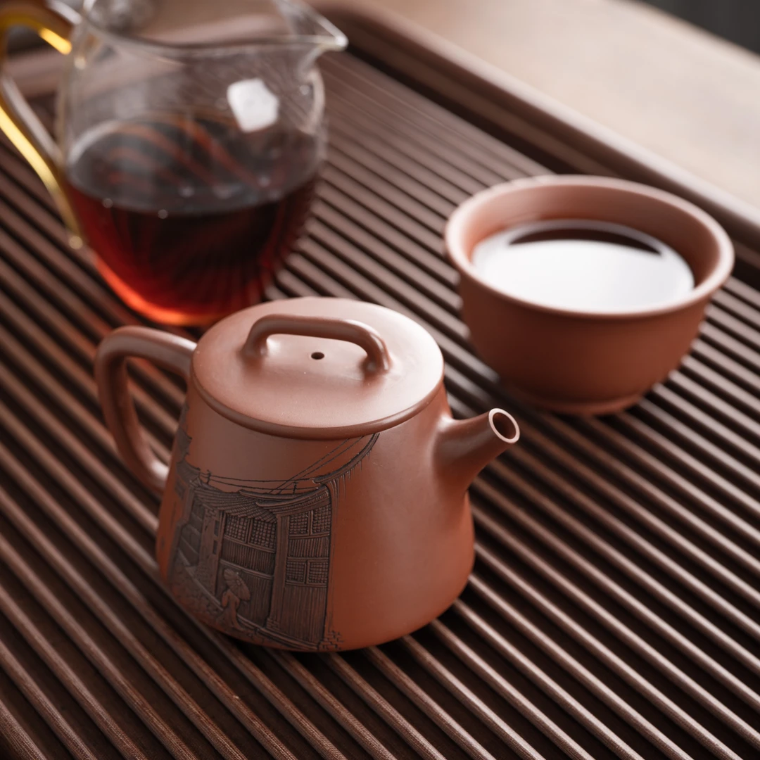 『高瓢·水墨原乡』坭兴陶茶壶浮雕民居江南烟雨宽口名家约200c11253