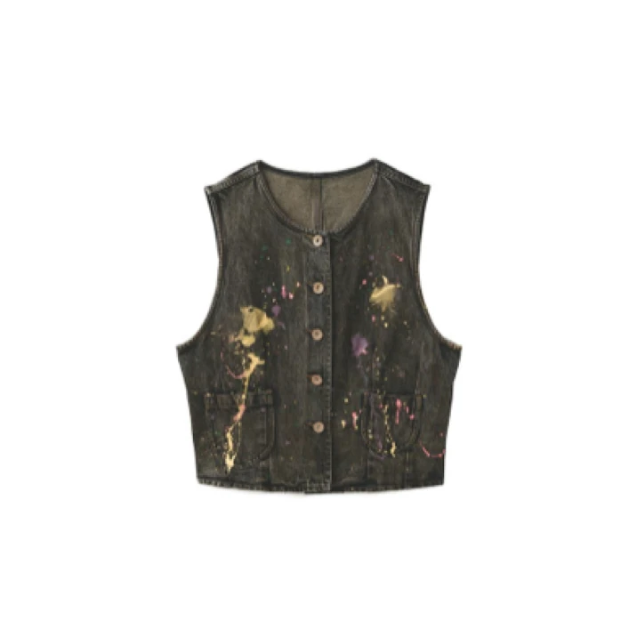 左岸迷香纯棉植物染马甲 文艺复古休闲牛仔马夹 25FW6010