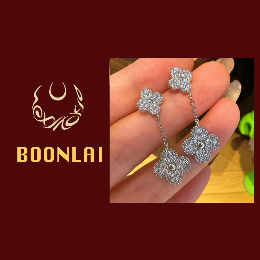 铜合金锆石耳饰 Boonlai 银色满钻流苏四叶草耳环1327