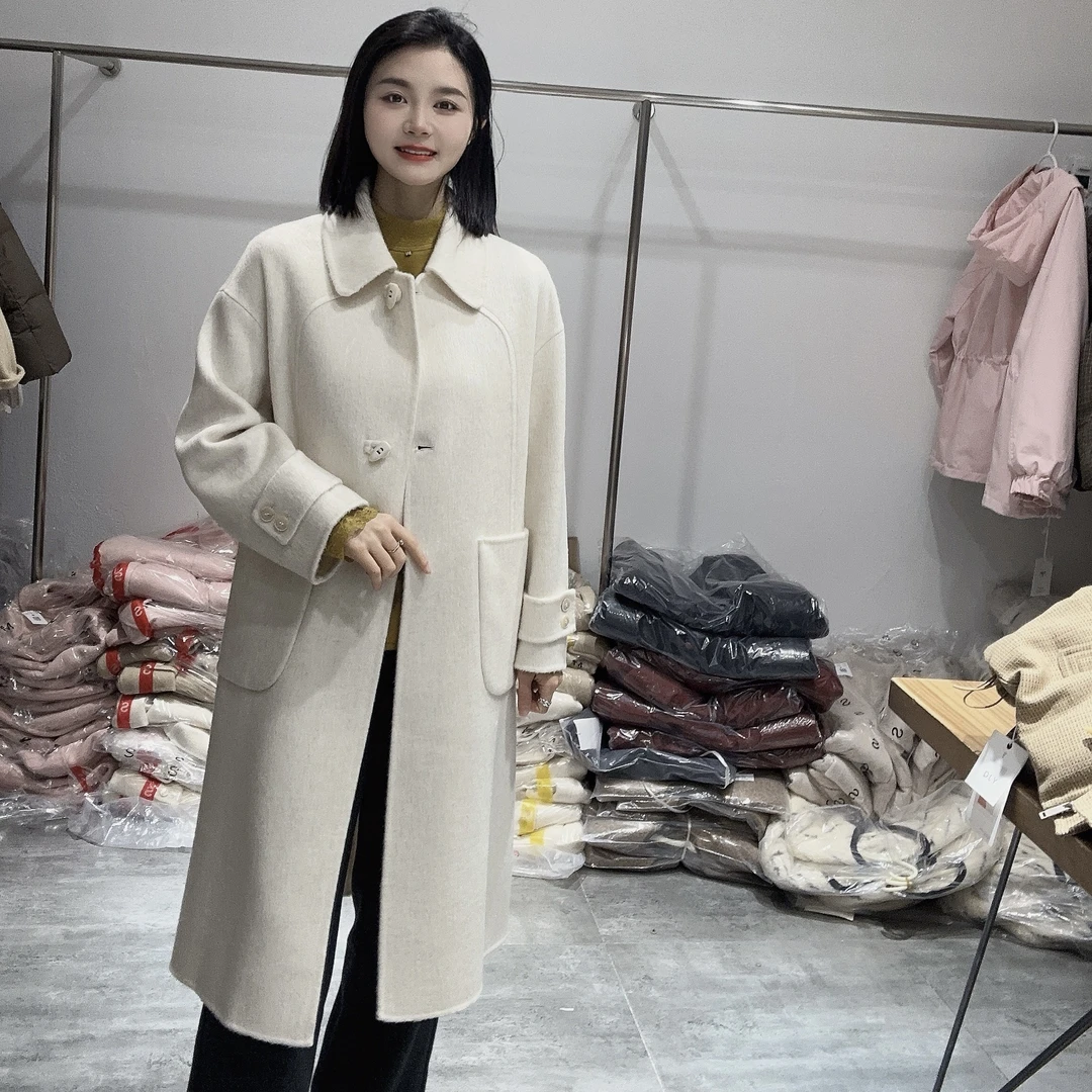 LMM 8930 高级感韩版双面羊毛大衣秋冬款牛角扣显瘦减龄羊毛呢子