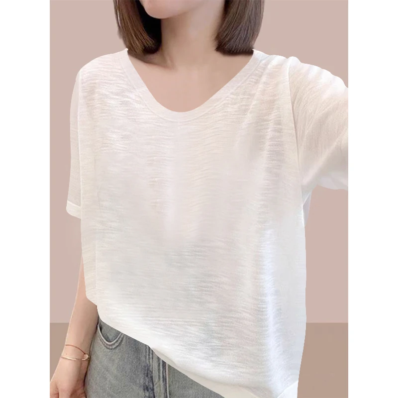 雪花棉短袖T恤女士夏季新款宽松显瘦打底衫V领设计感百搭上衣