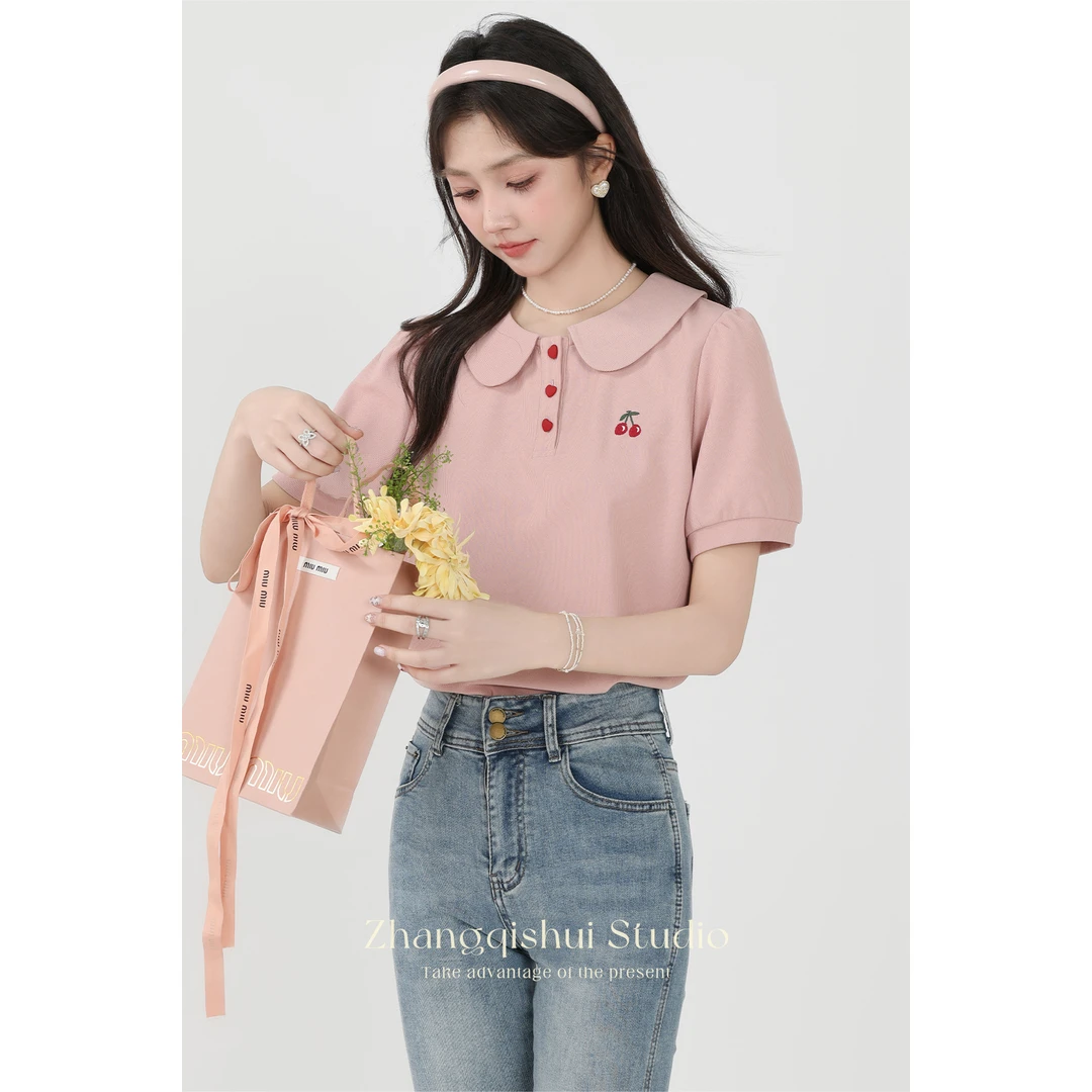 张汽水《樱桃丸子》粉色正肩t恤女宽松显瘦圆领小众上衣NZ09511